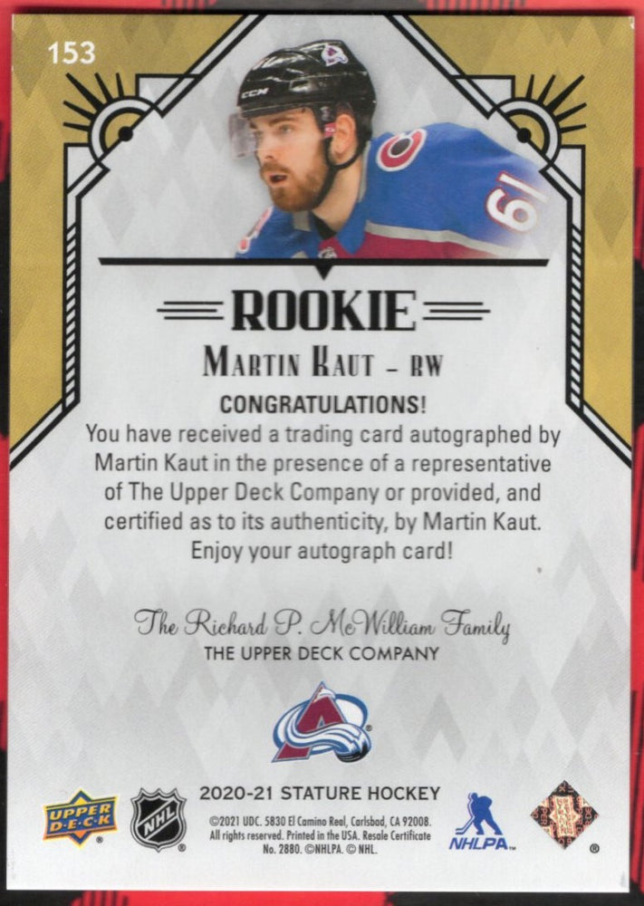 2020-21 Upper Deck Stature Rookie Auto #153 Rookie Rc Auto Martin Kaut /199