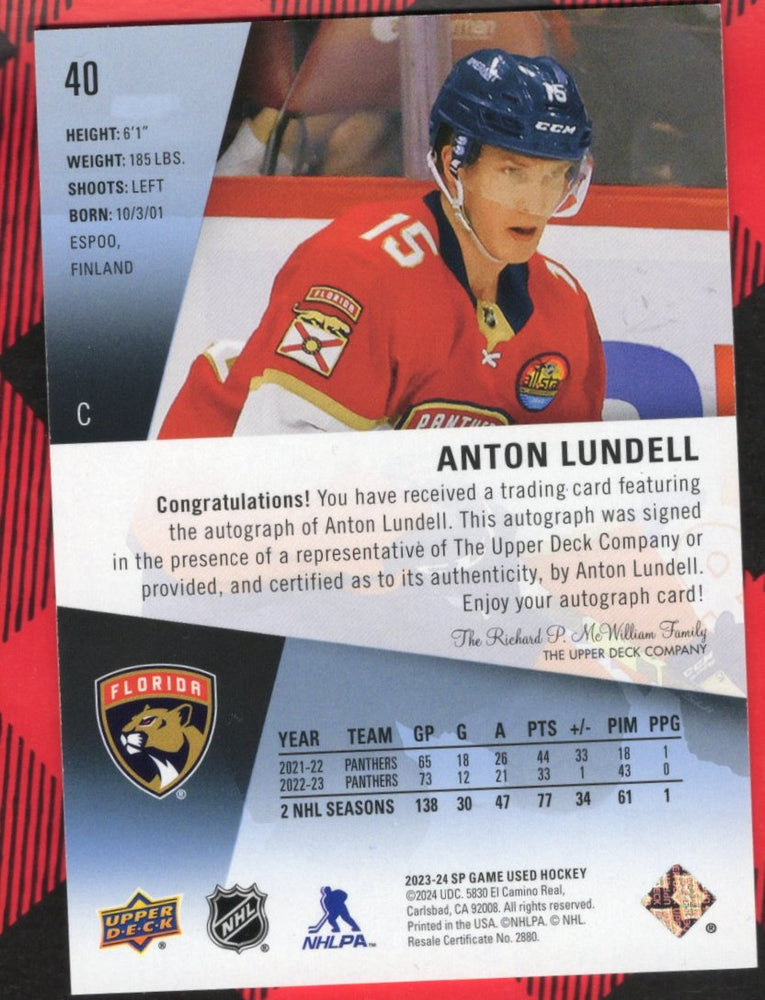 2023-24 Upper Deck Sp Game Used Blue Auto #40 Auto Anton Lundell