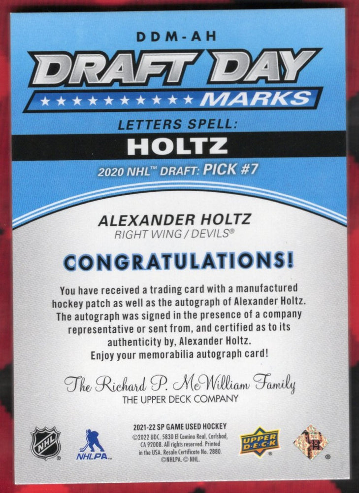 2021-22 Upper Deck Sp Game Used Draft Day Marks "T" Ddm-Ah Auto Alexander Holtz /35