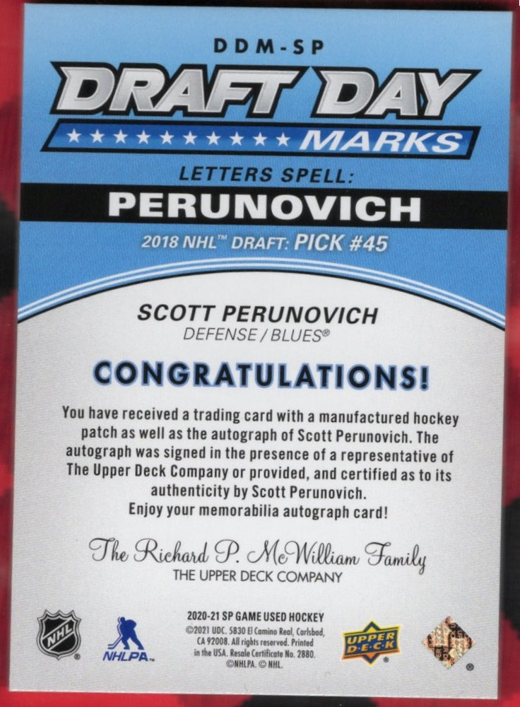 2020-21 Upper Deck Sp Game Used Draft Day Marks "R" Ddm-Sp Auto Scott Perunovich /35