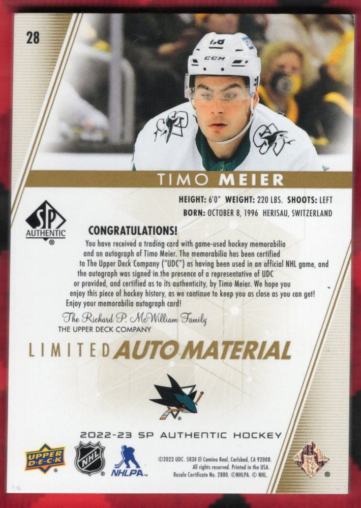 2022-23 Upper Deck Sp Authentic Limted Auto Material #28 Auto Timo Meier /100