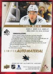 2022-23 Upper Deck Sp Authentic Limted Auto Material #28 Auto Timo Meier /100