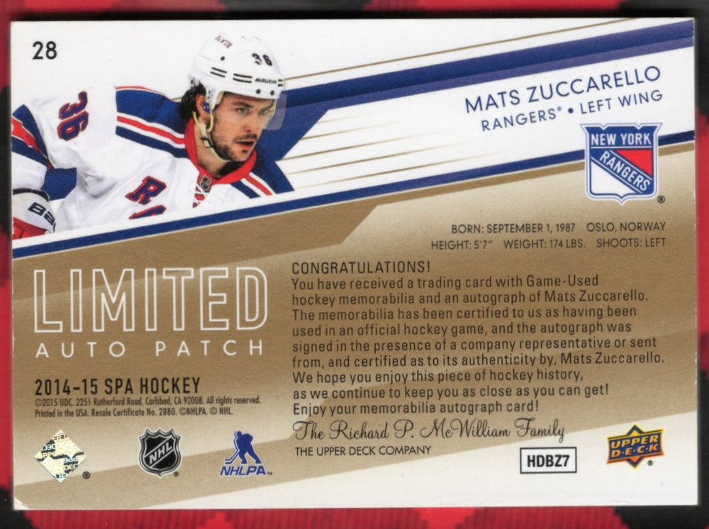 2014-15 Upper Deck Sp Authentic Limited Auto Patch #28 Mats Zuccarello /100
