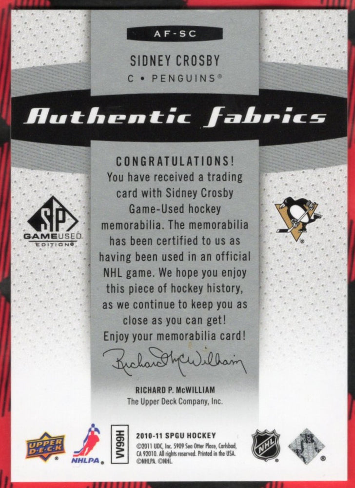 2010-11 Upper Deck Sp Game Used Authentic Fabrics Af-Sc Sidney Crosby