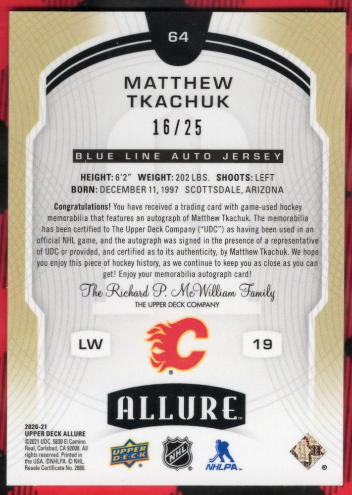 2020-21 Upper Deck Allure Blue Line Auto Jersey #64 Auto Matthew Tkachuk /25