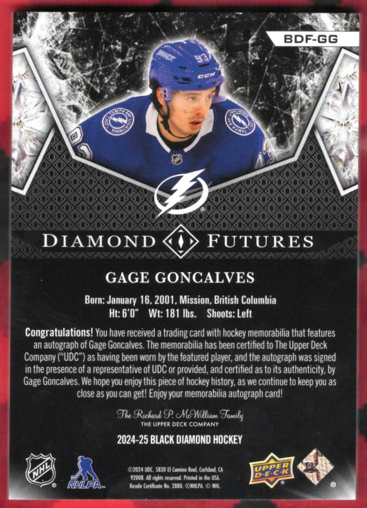 2024-25 Upper Deck Black Diamond Diamond Futures Bdf-Gg Rookie Rc Auto Gage Concalves /25