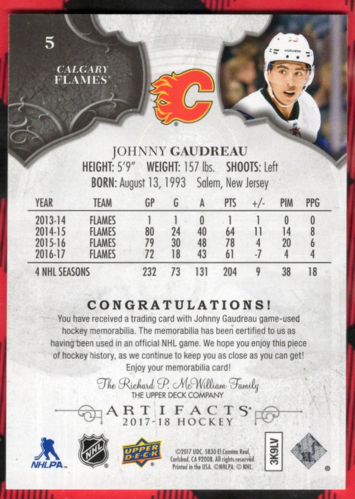 2017-18 Upper Deck Artifacts Double Patch #5 Johnny Gaudreau /165