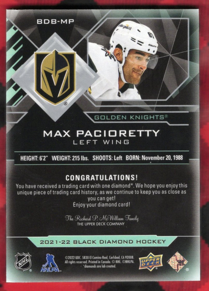 2022 Upper Deck Black Diamond Diamond Relics Single Bdb-Mp Max Pacioretty /1