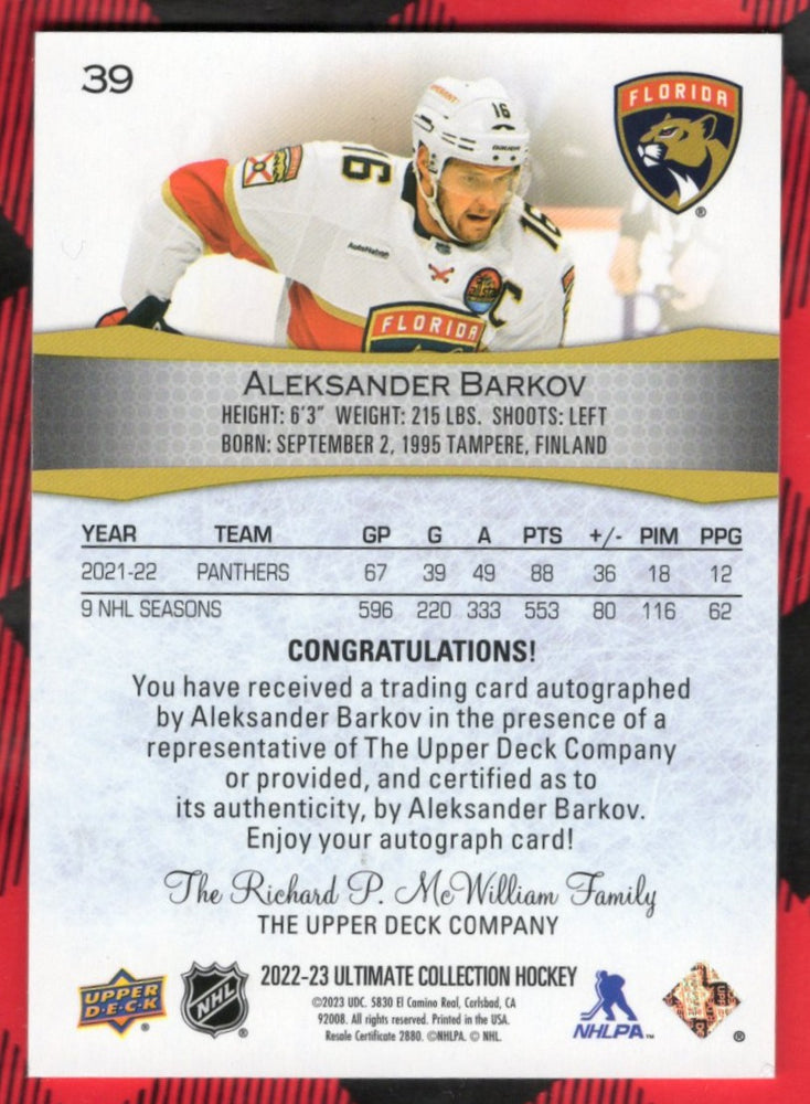 2022-23 Upper Deck Ultimate Collection Hockey Autograph #39 Auto Aleksander Barkov