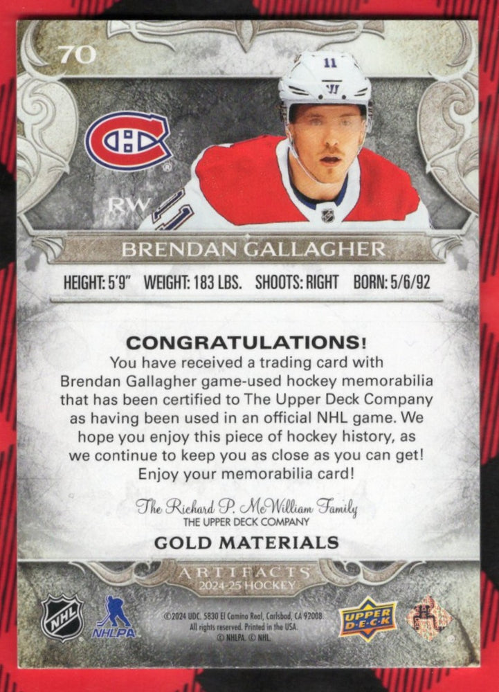 2024-25 Upper Deck Artifacts Gold Materials #70 Brendan Gallagher /299