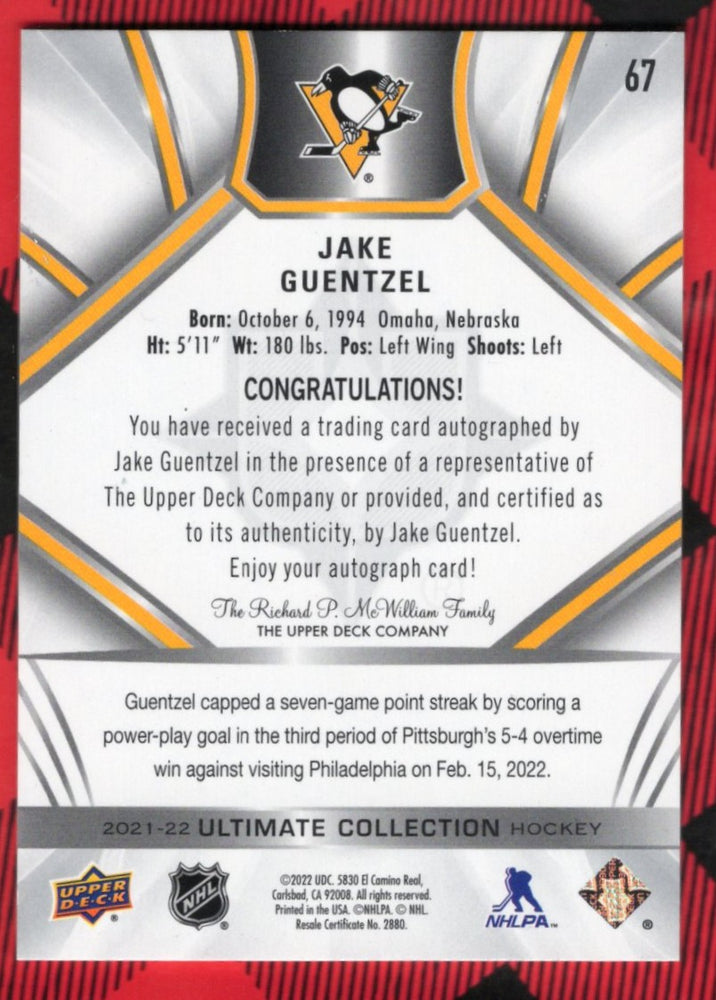2021-22 Upper Deck Ultimate Collection Hockey Auto #67 Auto Jake Guentzel