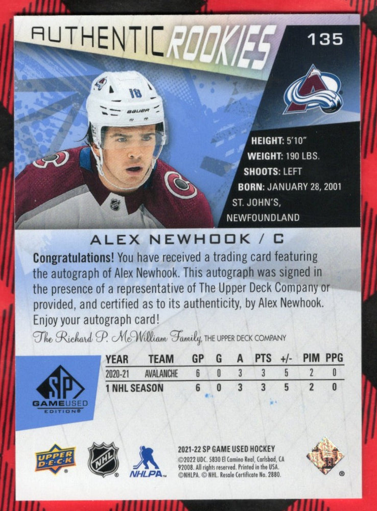 2021-22 Upper Deck Sp Game Used Authentic Rookies Auto #135 Rookie Rc Auto Alex Newhook