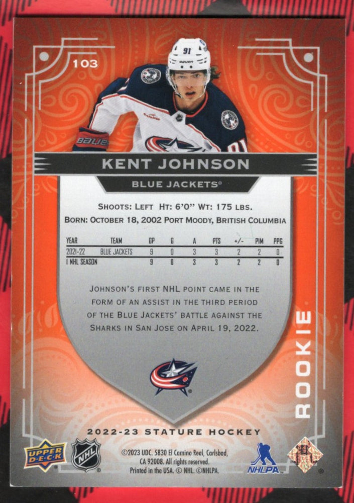 2022-23 Upper Deck Stature Rookie #103 Rookie Rc Kent Johnson /15