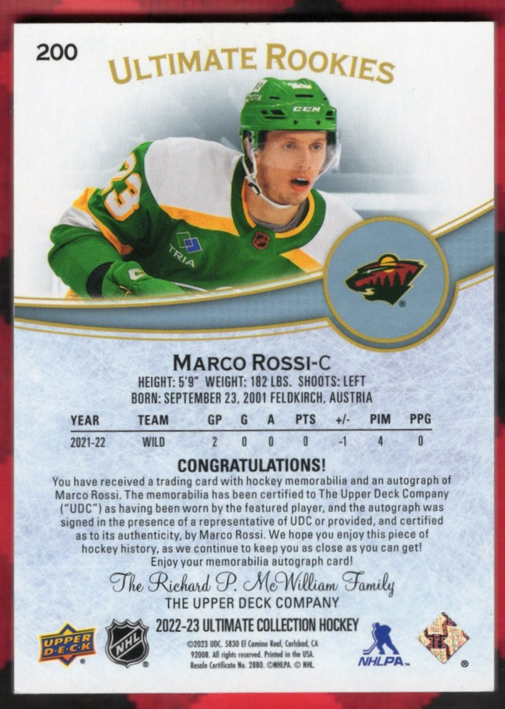 2022-23 Upper Deck Ultimate Collection Hockey Ultimate Rookie Patch Auto #200 Rookie Rc Auto Marco Rossi /49