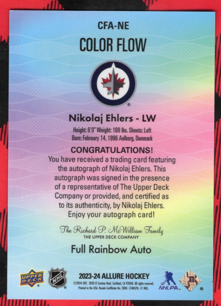 2023-24 Upper Deck Allure Color Flow Full Rainbow Auto Cfa-Ne Auto Nikolaj Ehlers