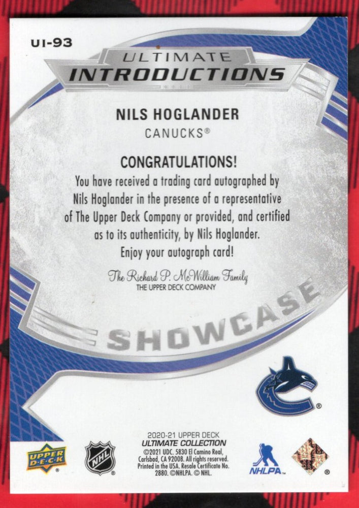 2020-21 Upper Deck Ultimate Collection Hockey Ultimate Introductions Auto Ui-93 Rookie Rc Auto Nils Hoglander