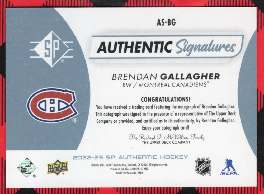 2022-23 Upper Deck Sp Authentic Authentic Signatures As-Bg Auto Brendan Gallagher