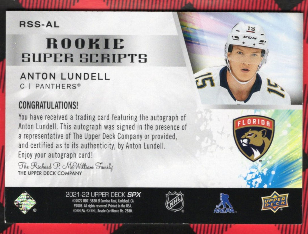 2021-22 Upper Deck Spx Rookie Super Scripts Rss-Al Rookie Rc Auto Anton Lundell
