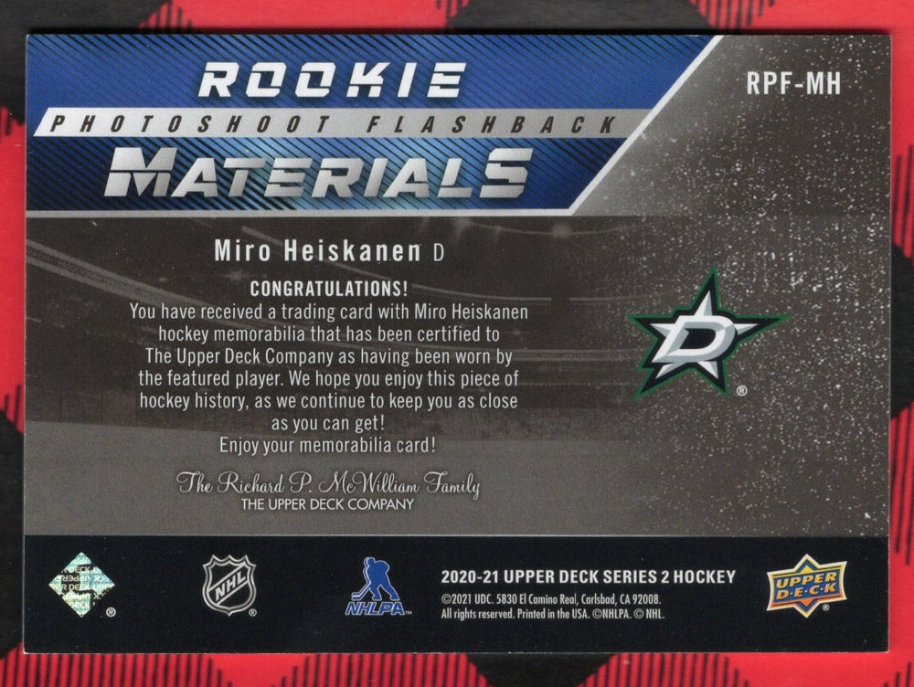 2020-21 Upper Deck Series 2 Rookie Materials Photoshoot Flashback Rpf-Mh Rookie Rc Miro Heiskanen