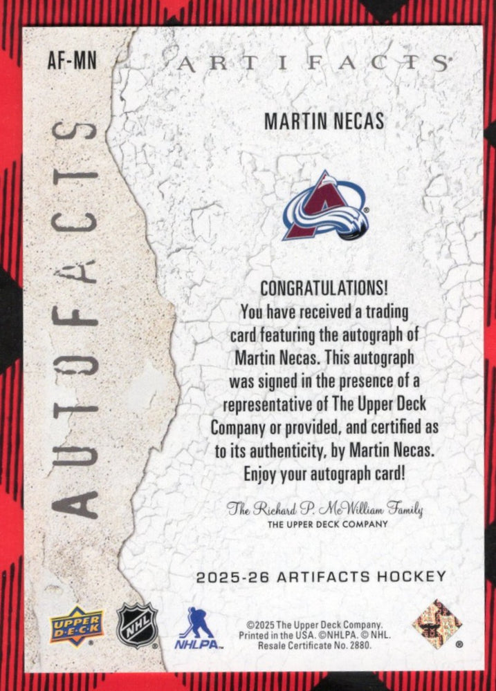 2025-26 Upper Deck Artifacts Autofacts Af-Mn Auto Martin Necas