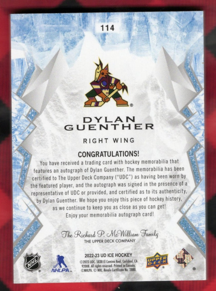 2022-23 Upper Deck Ud Ice Hockey Rookie Auto Patch #114 Rookie Rc Auto Dylan Guenther /99