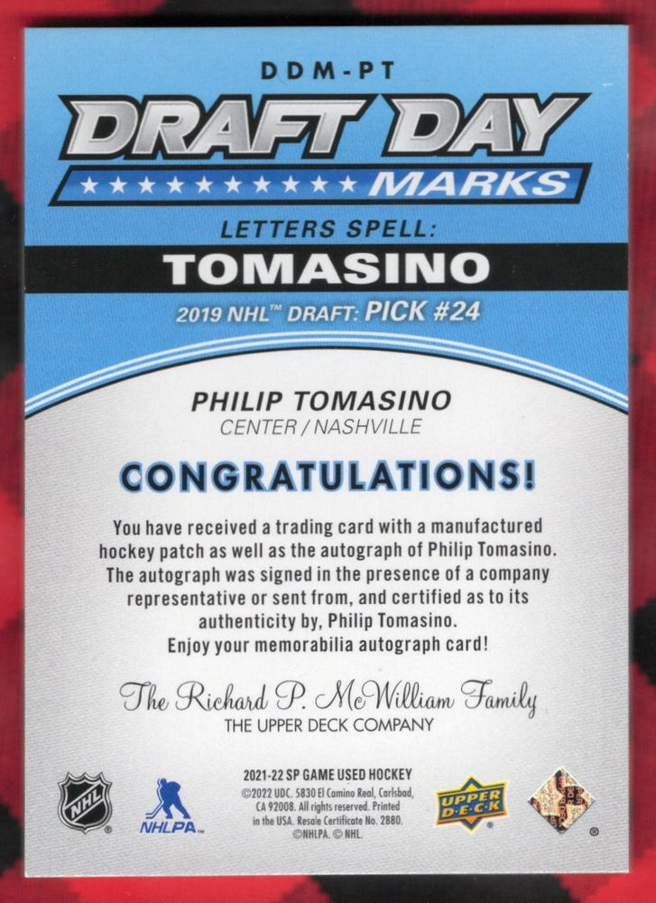 2021-22 Upper Deck Sp Game Used Draft Day Marks Ddm-Pt Auto Philip Tomasino /35
