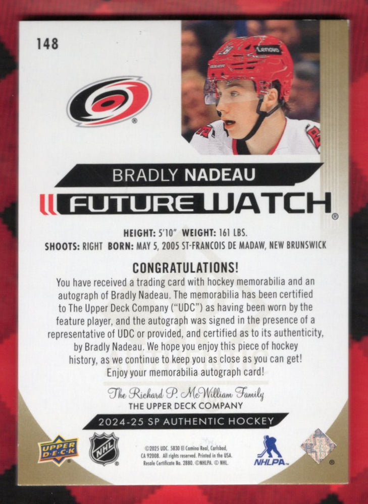 2024-25 Upper Deck Sp Authentic Future Watch Auto Patch #148 Rookie Rc Auto Bradly Nadeau /100