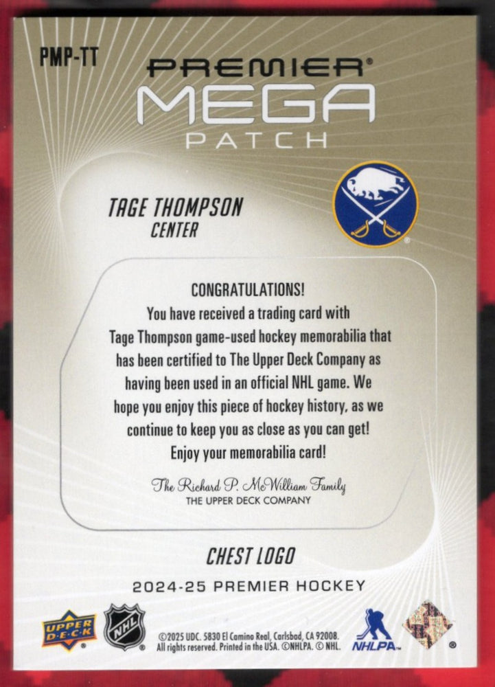 2024-25 Upper Deck Premier Hockey Premier Mega Patch Chest Logo Pmp-Tt Tage Thompson /27