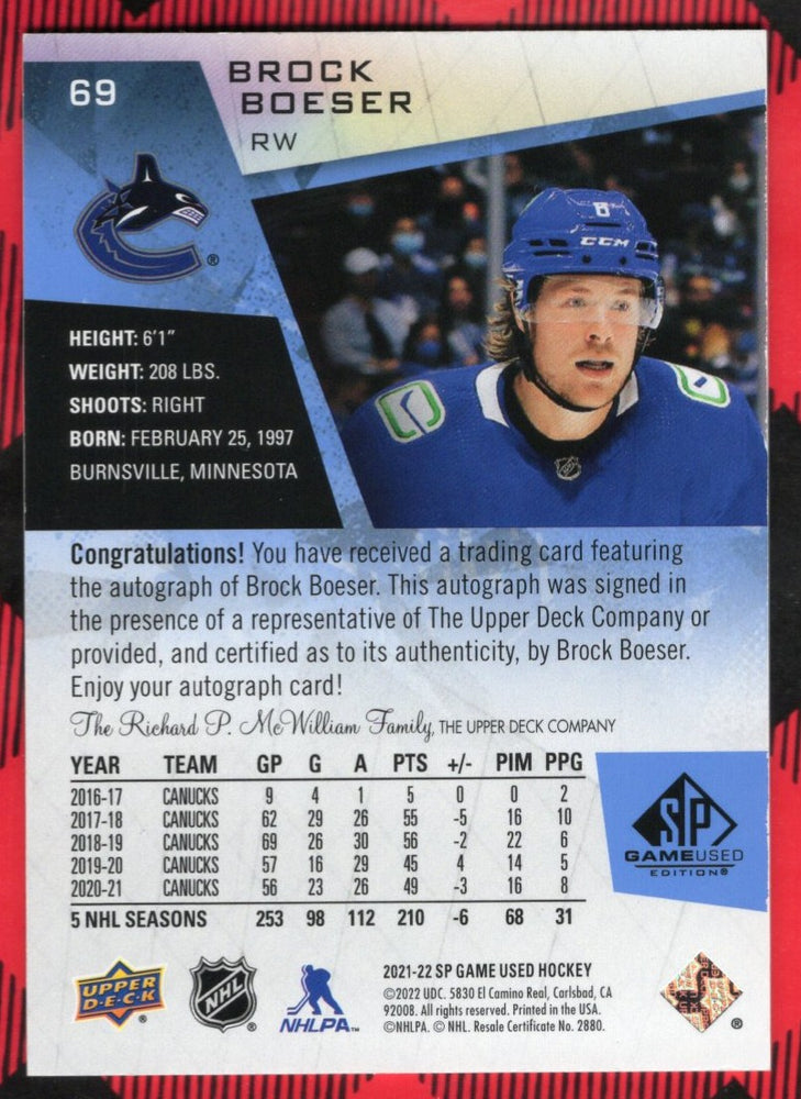 2021-22 Upper Deck Sp Game Used Auto 69 Auto Brock Boeser
