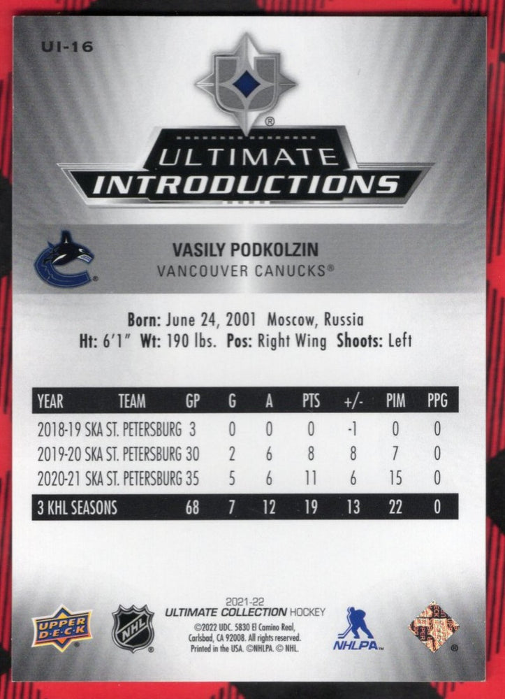 2021-22 Upper Deck Ultimate Collection Hockey Ultimate Introductions Ui-16 Rookie Rc Vasili Podkolzin