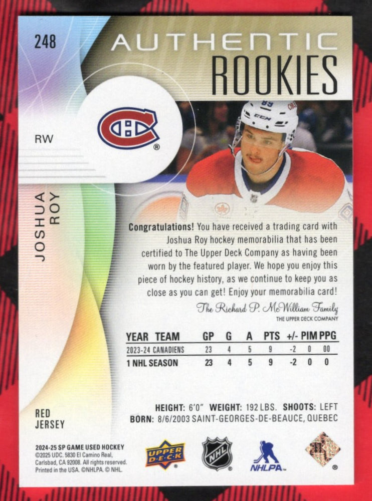 2024-25 Upper Deck Sp Game Used Authentic Rookies Red Jersey #248 Rookie Rc Joshua Roy
