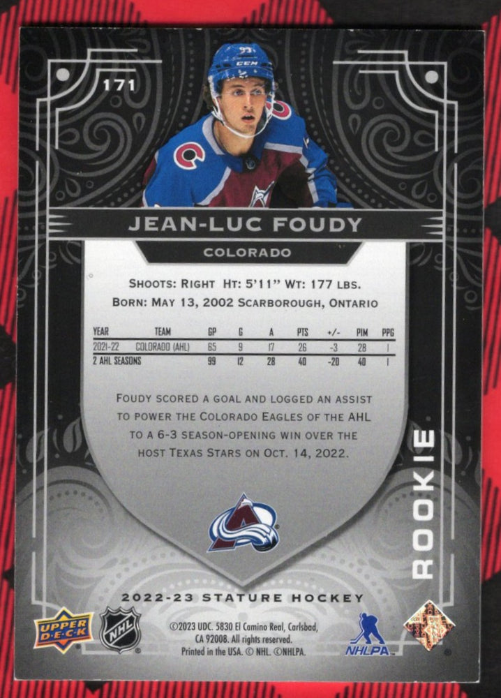 2022-23 Upper Deck Stature Black Rookie #171 Rookie Rc Auto Jean-Luc Foudy /15
