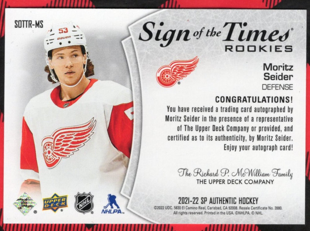 2021-22 Upper Deck Sp Authentic Sign Of The Times Sottr-Ms Rookie Rc Auto Moritz Seider