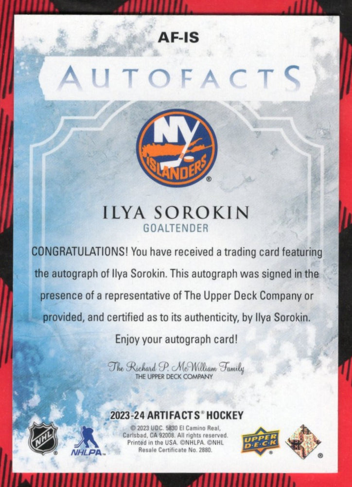 2023-24 Upper Deck Artifacts Autofacts #Af-Is Auto Ilya Sorokin