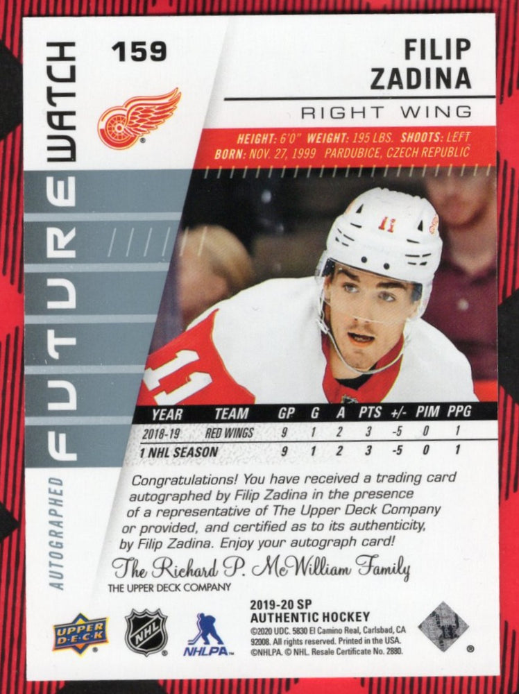 2019-20 Upper Deck Sp Authentic Autographed Future Watch #159 Rookie Rc Auto Filip Zadina /999