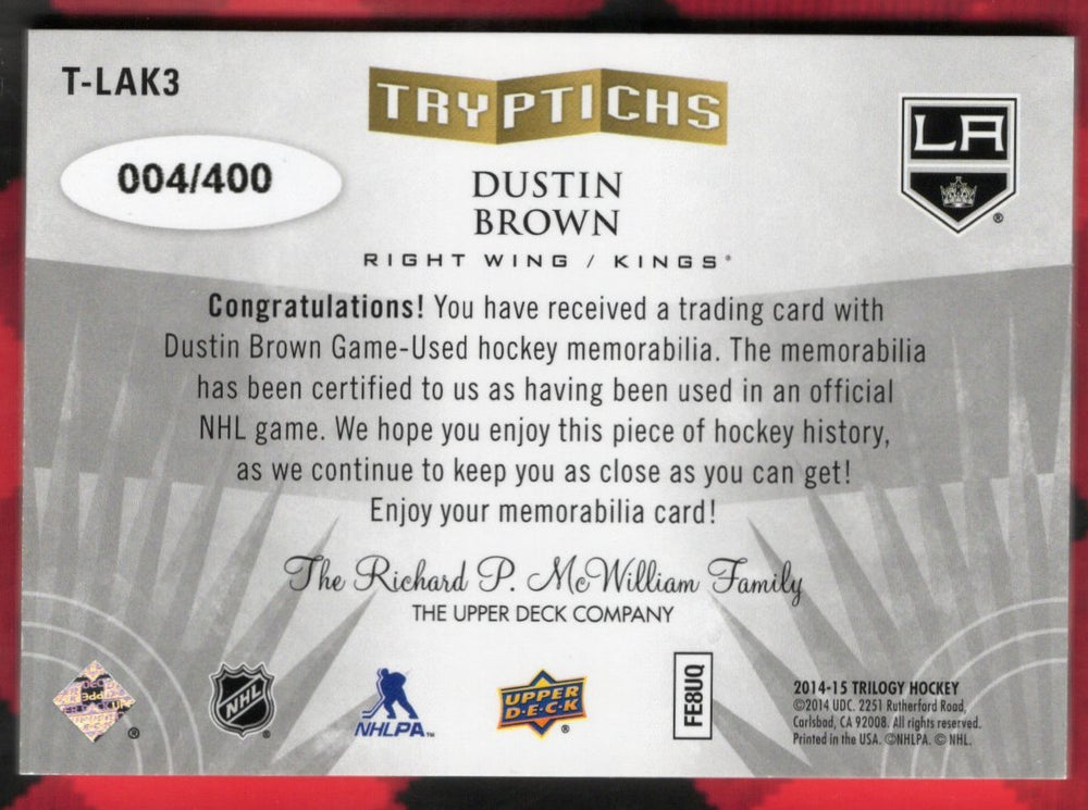 2014-15 Upper Deck Trilogy Trytichs T-Lak3 Dustin Brown /400