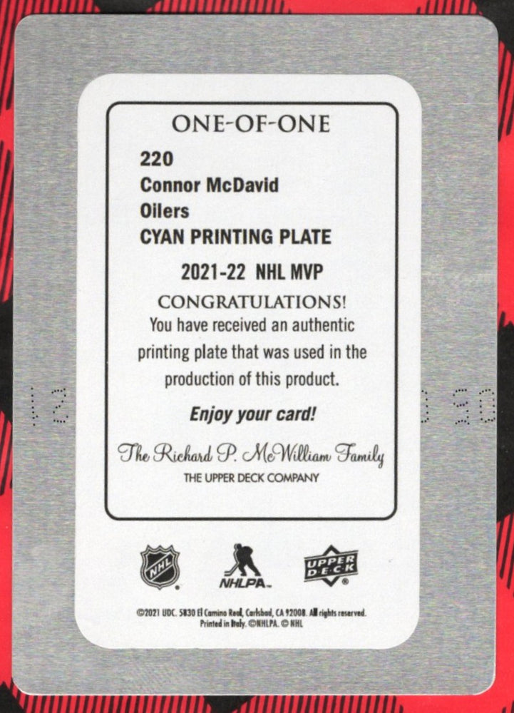 2021-22 Upper Deck Nhl Mvp Printing Plate One-Of-One Connor Mcdavid /1