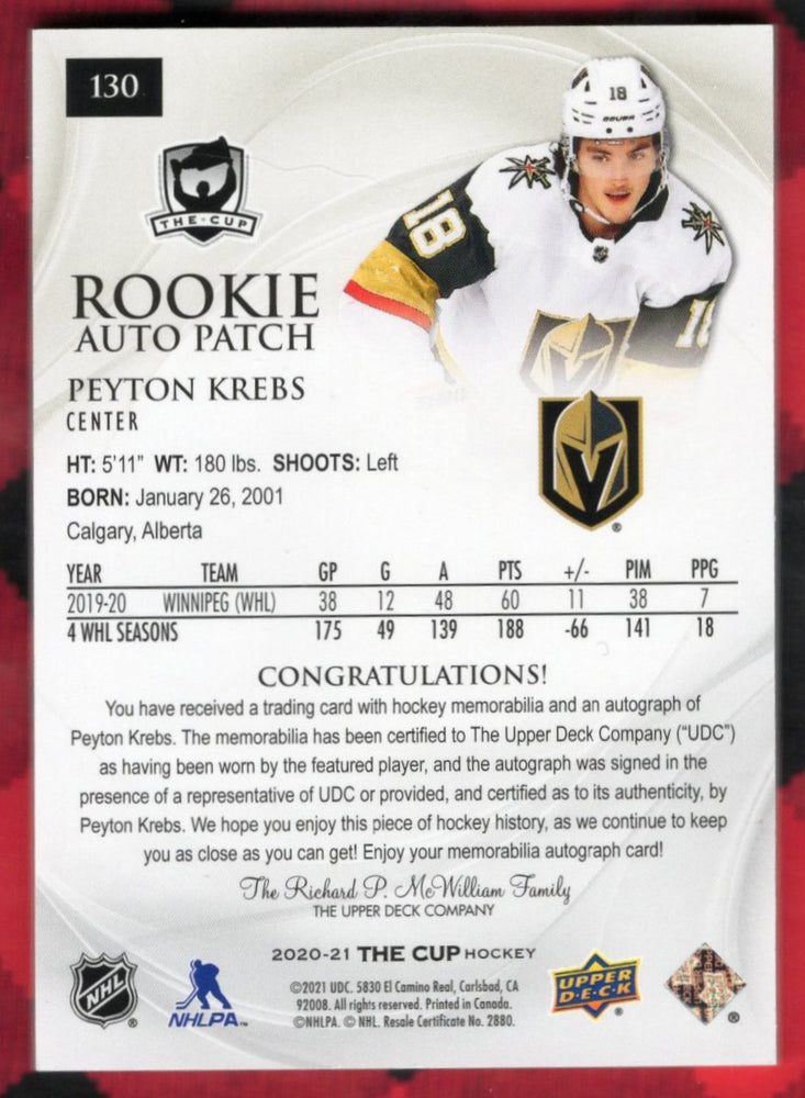 2020-21 Upper Deck The Cup Rookie Auto Patch #130 Rookie Rc Auto Peyton Krebs 24/24