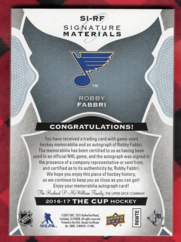 2016-17 Upper Deck The Cup Signature Materials Si-Rf Rookie Rc Auto Robby Fabbri /99