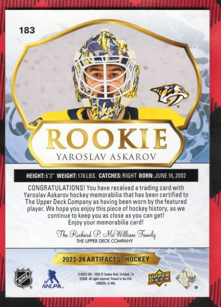 2023-24 Upper Deck Artifacts Rookie Dual Patch #183 Rookie Rc Yaroslav Askarov /599