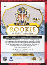 2023-24 Upper Deck Artifacts Rookie Dual Patch #183 Rookie Rc Yaroslav Askarov /599
