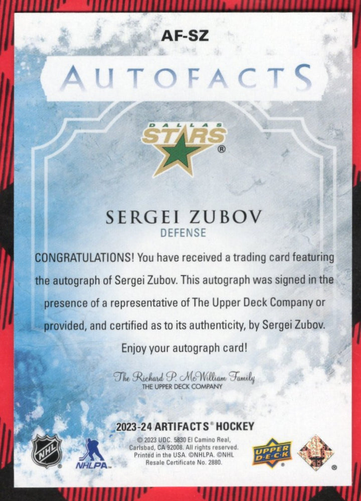 2023-24 Upper Deck Artifacts Autofacts Af-Sz Auto Sergei Zubov
