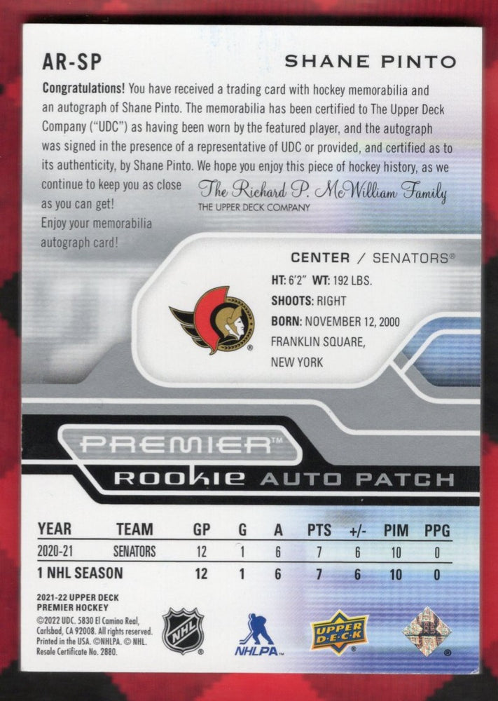 2021-22 Upper Deck Premier Rookie Auto Patch Ar-Sp Rookie Rc Auto Shane Pinto /249
