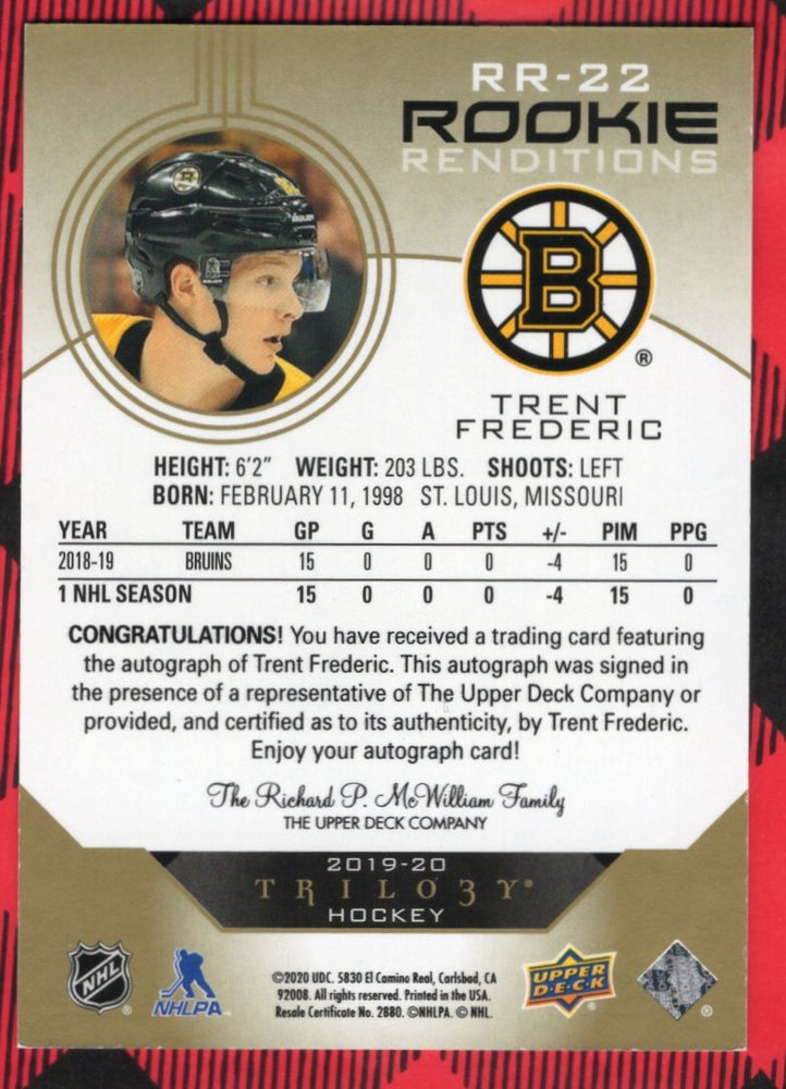 2019-20 Upper Deck Trilogy Rookie Renditions Rr-22 Rookie Rc Auto Trent Frederic