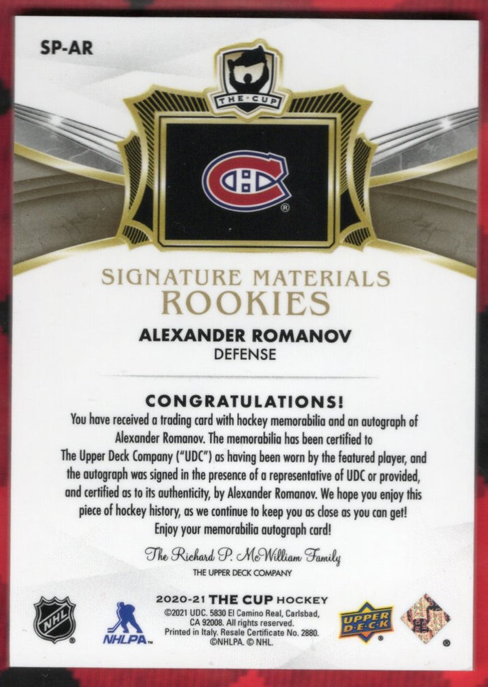 2002-21 Upper Deck The Cup Signature Materials Rookies Sp-Ar Rookie Rc Auto Alexander Romanov /99