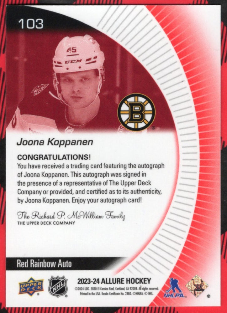 2023-24 Upper Deck Allure Red Rainbow Auto #103 Rookie Rc Auto Joona Koppanen
