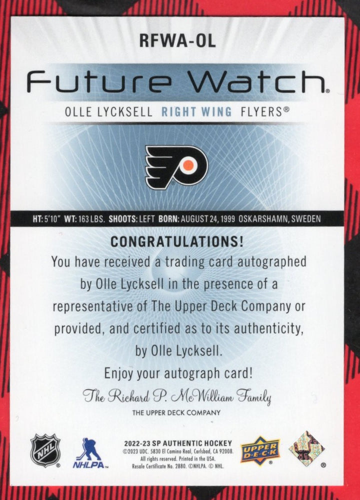 2022-23 Upper Deck Sp Authentic Future Watch Auto Rfwa-Ol Rookie Rc Olle Lycksell