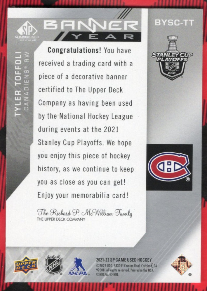 2021-22 Upper Deck Sp Game Used Banner Year Bysc-Tt Tyler Toffoli