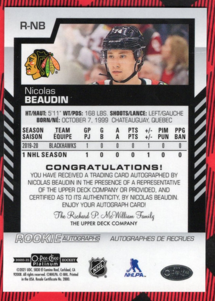 2020-21 Upper Deck O-Pee-Chee Platinum Rookie Autographs R-Nb Rookie Rc Auto Nicolas Beaudin