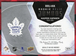 2016-17 Upper Deck Ud Ice Rookie Relic Jumbos Rrj-Kk Rookie Rc Kasperi Kapanen /199